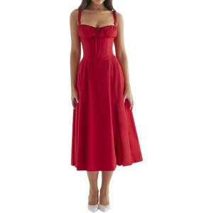 Casual Floral Print Dress Midi Sleeveless Strappy Cocktail Party Dress A-line Summer Wedding Guest Dresses for Women(A-red)