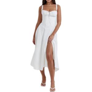 Casual Floral Print Dress Midi Sleeveless Strappy Cocktail Party Dress A-line Summer Wedding Guest Dresses for Women(A-white)