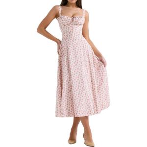 Casual Floral Print Dress Midi Sleeveless Strappy Cocktail Party Dress A-line Summer Wedding Guest Dresses for Women(A-whitepink)