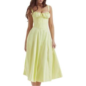 Casual Floral Print Dress Midi Sleeveless Strappy Cocktail Party Dress A-line Summer Wedding Guest Dresses for Women(A-yellow)
