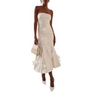 Fishtail Strapless 3D Floral Midi Dress Luxury Wedding Party Banquet Evening Gown(White)