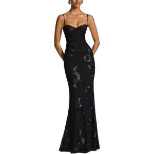 Floral-Embellished Long Dress Strapless Fitted French-Style Backless Solid-Color Evening Gown(Black)