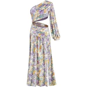 One Shoulder Floral Dress for Women Cut Out Ruffle Boho Maxi Dress(B_floral1(with Metal Chain))