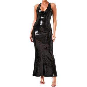 Openwork 3D Floral Maxi Dress Seductive Backless Evening Gown Split Dress(Black)