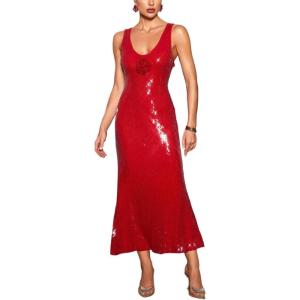 Openwork 3D Floral Maxi Dress Seductive Backless Evening Gown Split Dress(Red)