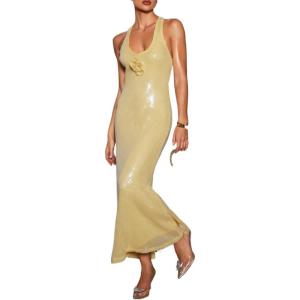 Openwork 3D Floral Maxi Dress Seductive Backless Evening Gown Split Dress(Yellow)