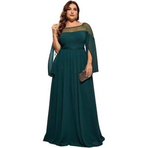 Plus Size Round Neck Longline Bridesmaid Dress Green Mother-of-The-Bride Chiffon Gown(Green)