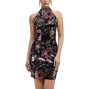 Sequin Cheongsam Dress Glamorous Strappy Floral Mini Dress(Black)
