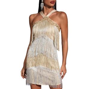 Women’s Cross Strap Cocktail Dresses Flapper Dresses 20s Gatsby Tassel Short Dresses Prom Party Dress(A-goldsilver)