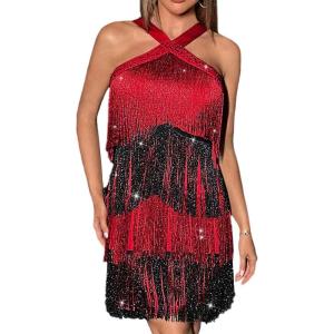 Women’s Cross Strap Cocktail Dresses Flapper Dresses 20s Gatsby Tassel Short Dresses Prom Party Dress(A-redblack)