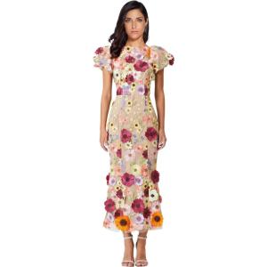 Women’s Floral Embroidery Maxi Dress Wedding Guest Dress Puff Sleeve High Neck Lace Bodycon Evening Party Cocktail Dress(A-muti-beige)