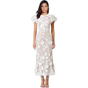 Women’s Floral Embroidery Maxi Dress Wedding Guest Dress Puff Sleeve High Neck Lace Bodycon Evening Party Cocktail Dress(A-white)
