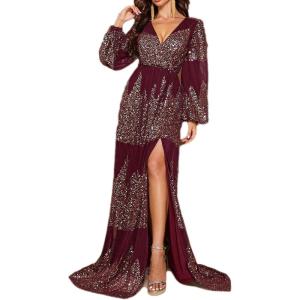meilun Chiffon Long Sleeve V Neck Holiday Maxi Dress Sexy Slit Printed Boho Long Dress(A-wine)