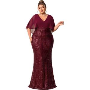 meilun Chiffon Patchwork Sequined Maxi Dress V-Neck Commuter Evening Gown Plus Size Evening Dress(Red)