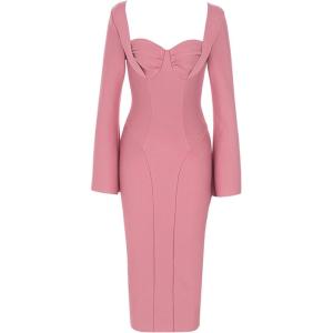 meilun Long Sleeve Formal Gowns Prom Evening Dress Fall Winter Wrap Bandage Dress for Wedding Guest(A-pink)
