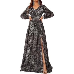 meilun Long Sleeve Printed Chiffon Maxi Dresses Deep V-Neck Boho Holiday Long Dress Beach Dress(A-blackleopard)