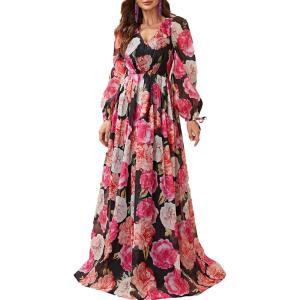 meilun Long Sleeve Printed Chiffon Maxi Dresses Deep V-Neck Boho Holiday Long Dress Beach Dress(A-flare1)
