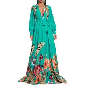 meilun Long Sleeve Printed Chiffon Maxi Dresses Deep V-Neck Boho Holiday Long Dress Beach Dress(A-mintblueflare)