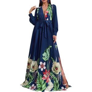 meilun Long Sleeve Printed Chiffon Maxi Dresses Deep V-Neck Boho Holiday Long Dress Beach Dress(A-navyflare)