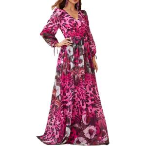 meilun Long Sleeve Printed Chiffon Maxi Dresses Deep V-Neck Boho Holiday Long Dress Beach Dress(A-purpleleopard)