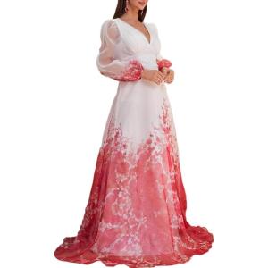 meilun Long Sleeve Printed Chiffon Maxi Dresses Deep V-Neck Boho Holiday Long Dress Beach Dress(A-whiteflare)