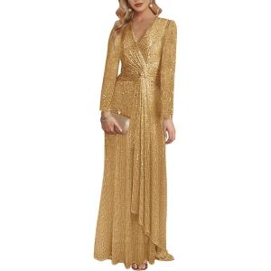 meilun Long Sleeve Sequin Dress for Women Formal Gowns Sparkly V Neck Maxi Dress(A-gold)