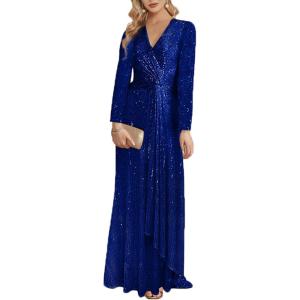 meilun Long Sleeve Sequin Dress for Women Formal Gowns Sparkly V Neck Maxi Dress(A-royalblue2)