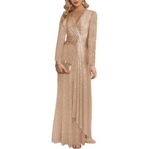 meilun Long Sleeve Sequin Dress for Women Formal Gowns Sparkly V Neck Maxi Dress(Champagne)