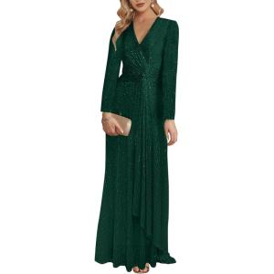 meilun Long Sleeve Sequin Dress for Women Formal Gowns Sparkly V Neck Maxi Dress(Darkgreen)