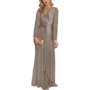 meilun Long Sleeve Sequin Dress for Women Formal Gowns Sparkly V Neck Maxi Dress(Grey)