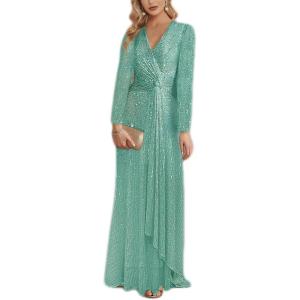 meilun Long Sleeve Sequin Dress for Women Formal Gowns Sparkly V Neck Maxi Dress(Lightgreen)