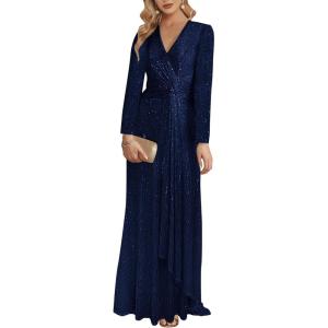 meilun Long Sleeve Sequin Dress for Women Formal Gowns Sparkly V Neck Maxi Dress(Royalblue)