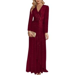 meilun Long Sleeve Sequin Dress for Women Formal Gowns Sparkly V Neck Maxi Dress(Wine)