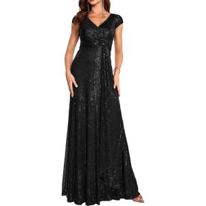meilun Short Sleeve Sequin Dress for Women Formal Evening Gowns Sparkly V Neck 1920s Long Dress(B-black)