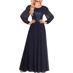 meilun Women’s Long Sleeve Round Neck Formal Long Dresses Prom Evening Gowns A-line Wedding Guest Dress(A-navy)