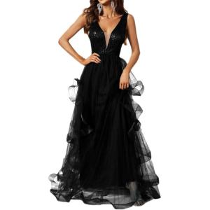 meilun Women’s Sleeveless V Neck Sequins Long Dress Mesh Prom Evening Maxi Dress(A-black)