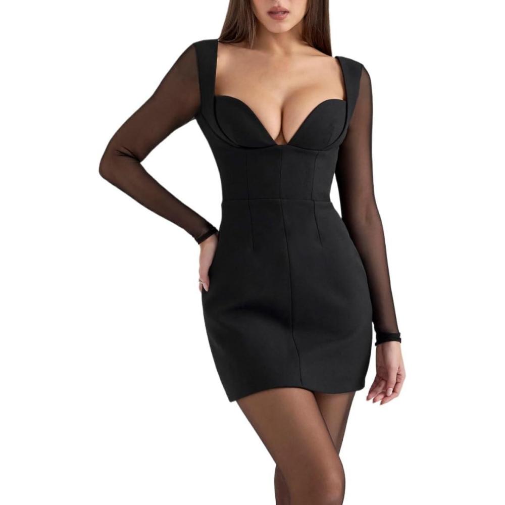 imagemeilun Bandage Dress Backless Splicing Mesh Long Sleeve Sexy Slim Hip DressesBblack