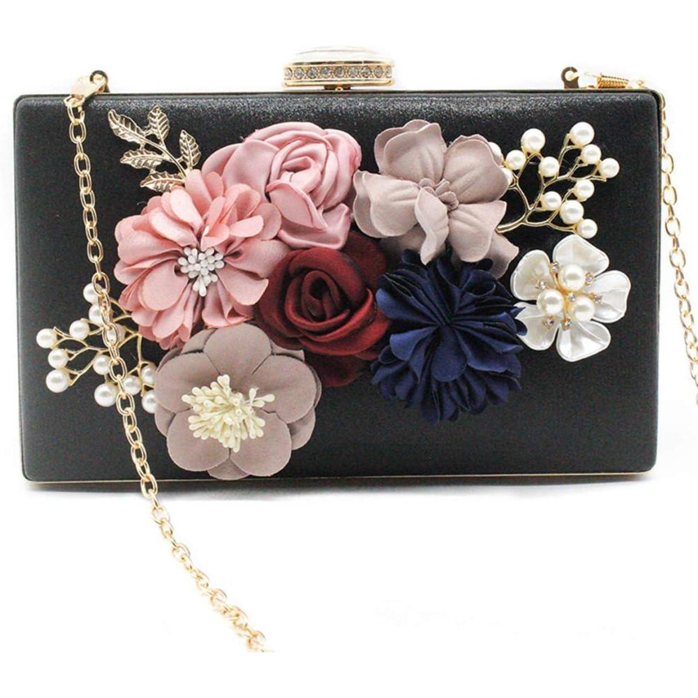 imagemeilun Womens Pearl Clutch Purses Glliter Banquet Handbag Evening BagsFlowerblack