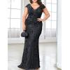 Long Sleeve Formal Evening Gowns Sequin Mermaid Maxi Dress for Wedding Guest(A-black)