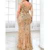Long Sleeve Formal Evening Gowns Sequin Mermaid Maxi Dress for Wedding Guest(A-champagengold)