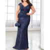 Long Sleeve Formal Evening Gowns Sequin Mermaid Maxi Dress for Wedding Guest(A-navy)