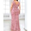 Long Sleeve Formal Evening Gowns Sequin Mermaid Maxi Dress for Wedding Guest(A-pink)