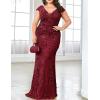 Long Sleeve Formal Evening Gowns Sequin Mermaid Maxi Dress for Wedding Guest(A-wine)