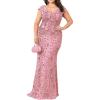 Long Sleeve Formal Evening Gowns Sequin Mermaid Maxi Dress for Wedding Guest(A-pink)