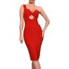 Women’s One Shoulder Red Bandage Dress with Irregular Ruflle Hem Cutout Bodycon Midi Dress(B-red,L)