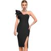 meilun One Shoulder Ruffle Wedding Guest Dress Slit Bandage Cocktail Dress Formal Party Gowns(B-black)