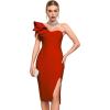 meilun One Shoulder Ruffle Wedding Guest Dress Slit Bandage Cocktail Dress Formal Party Gowns(B-red)