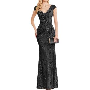 Long Sleeve Formal Evening Gowns Sequin Mermaid Maxi Dress for Wedding Guest(A-black)