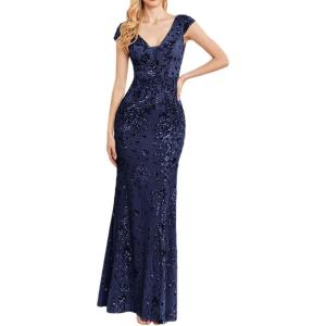 Long Sleeve Formal Evening Gowns Sequin Mermaid Maxi Dress for Wedding Guest(A-navy)