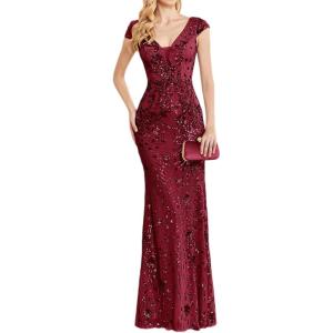 Long Sleeve Formal Evening Gowns Sequin Mermaid Maxi Dress for Wedding Guest(A-wine)